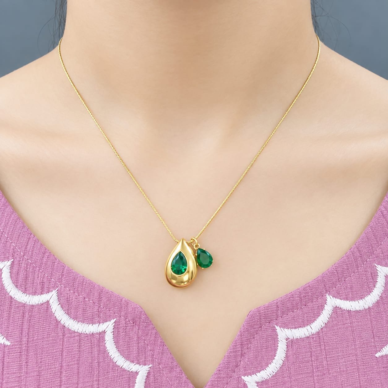 Emerald Dewdrop Pendant Chain -Veda Finery