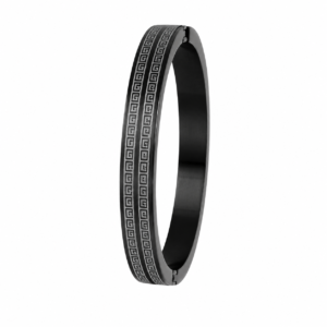 Men’s Elite Black Steel Kada with Etched Greek Key Motif