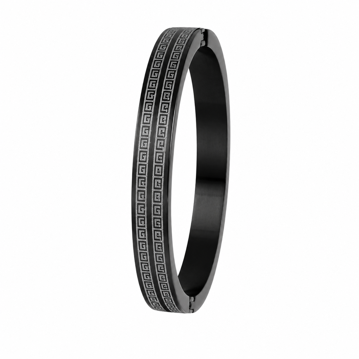 Men’s Elite Black Steel Kada with Etched Greek Key Motif