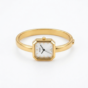 Elegant gold square bangle watch for women with a minimalist white dial and polished bracelet.