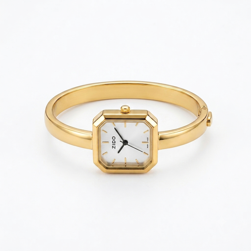 Elegant gold square bangle watch for women with a minimalist white dial and polished bracelet.