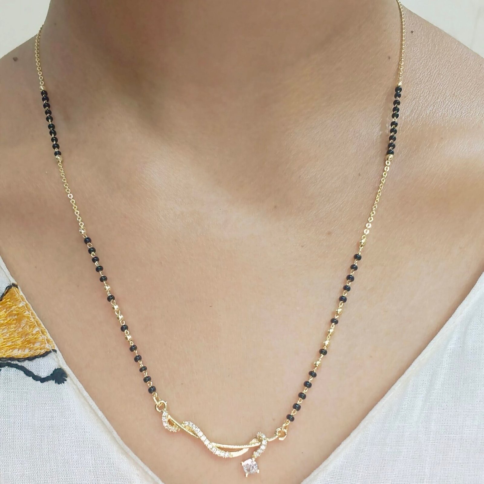 Elegant CZ Curve Pendant Mangalsutra Necklace - Veda Finery