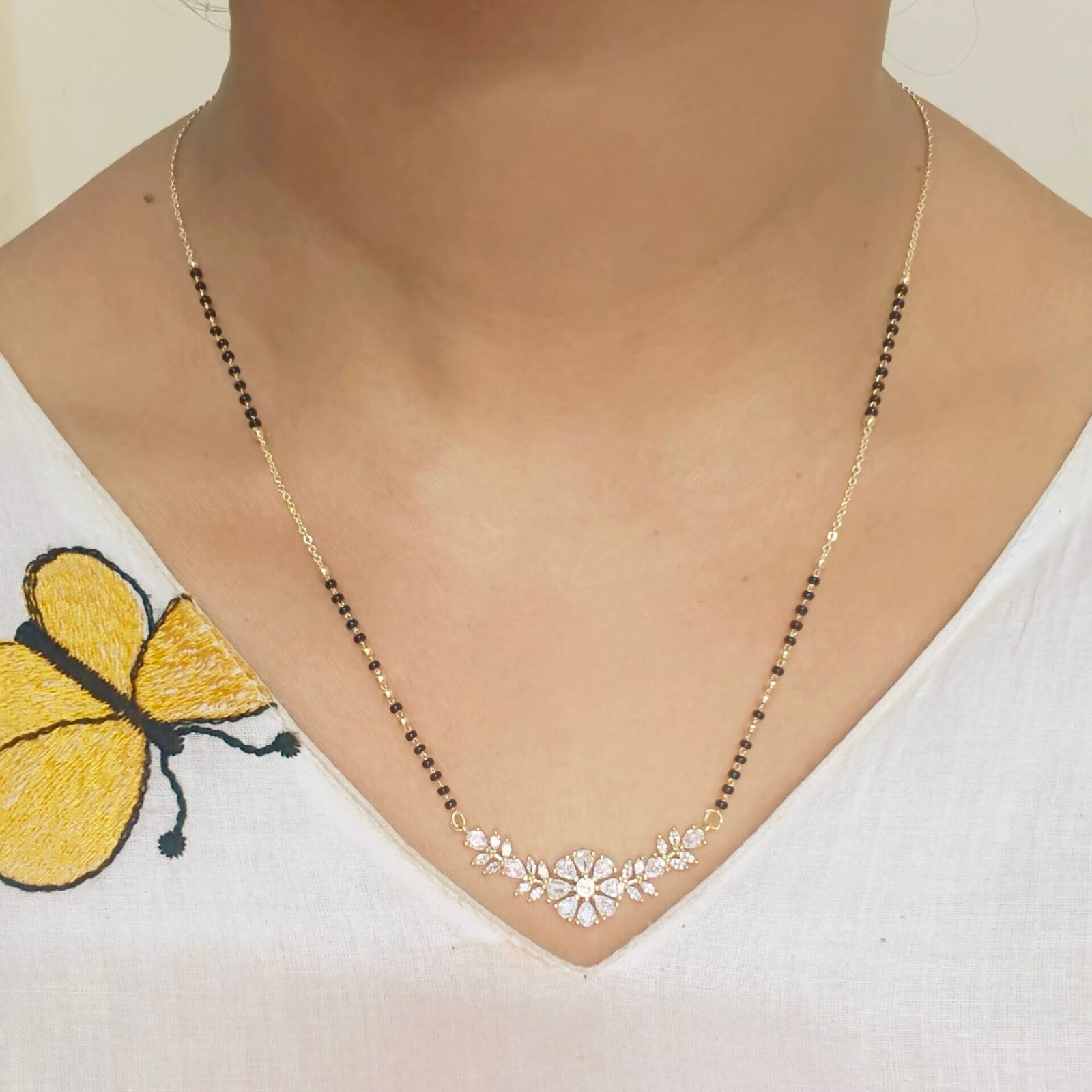 Elegant Floral CZ Mangalsutra Pendant Necklace - Veda Finery