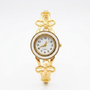 Elegant gold-tone analog bracelet watch with white round dial for women