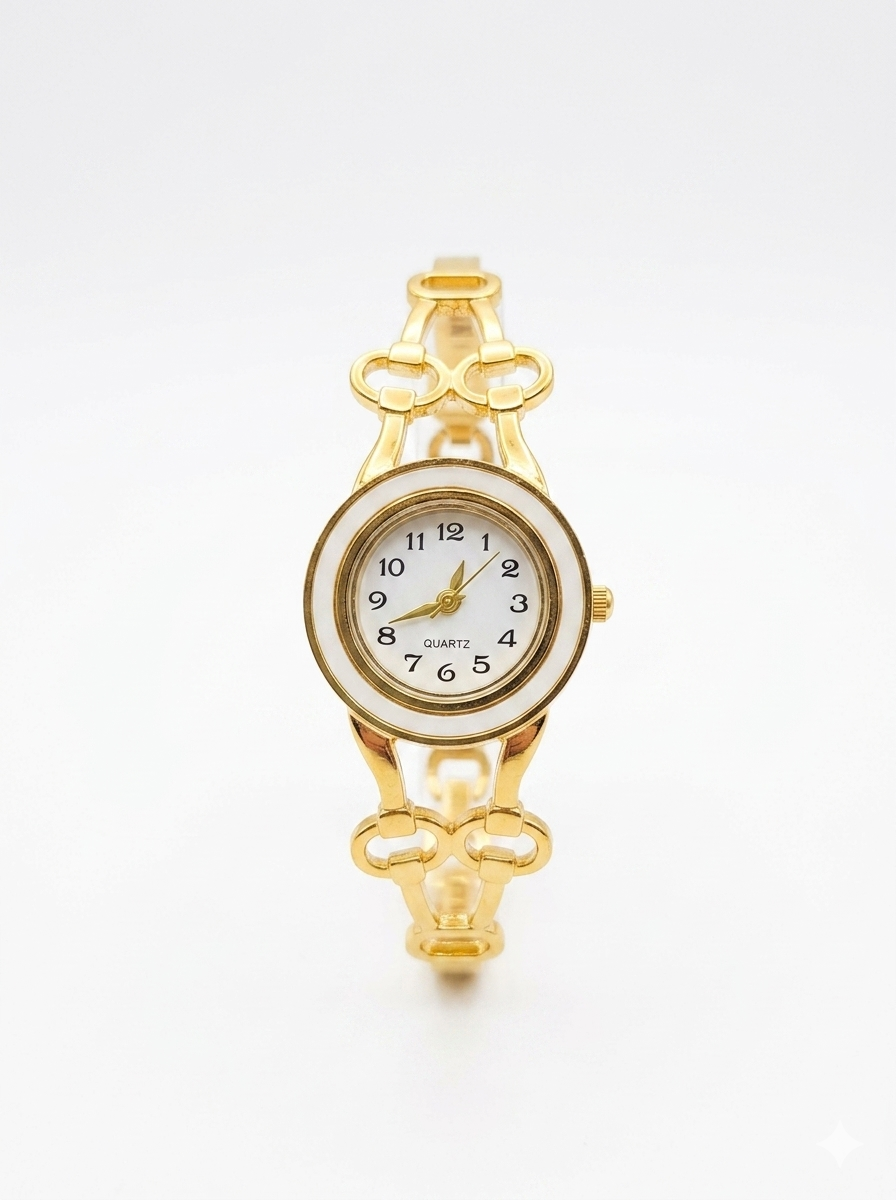 Elegant gold-tone analog bracelet watch with white round dial for women