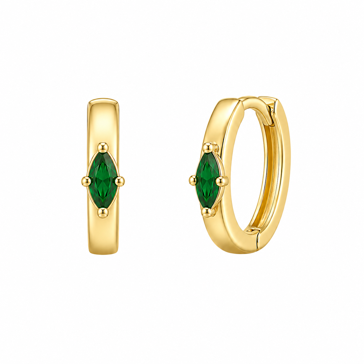 Gold huggie hoop earrings featuring a marquise-cut emerald green gemstone for women