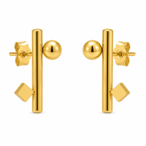 Minimalist gold bar and ball stud earrings with geometric diamond accent for women