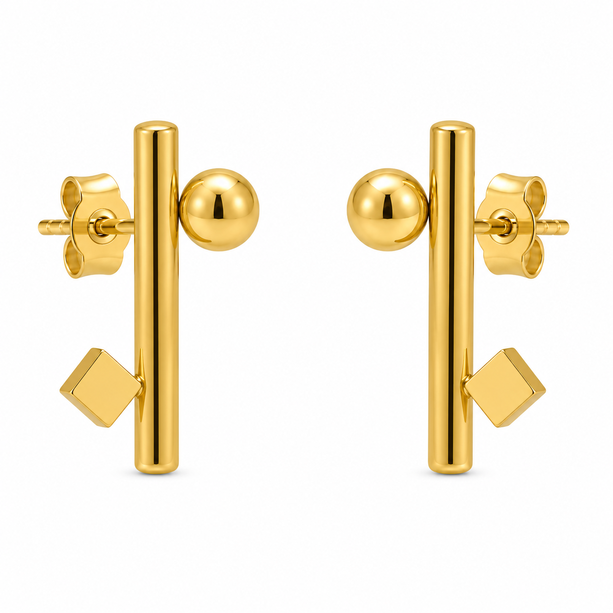Minimalist gold bar and ball stud earrings with geometric diamond accent for women
