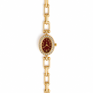Gold Link Bracelet Watch with Ruby-Red Dial