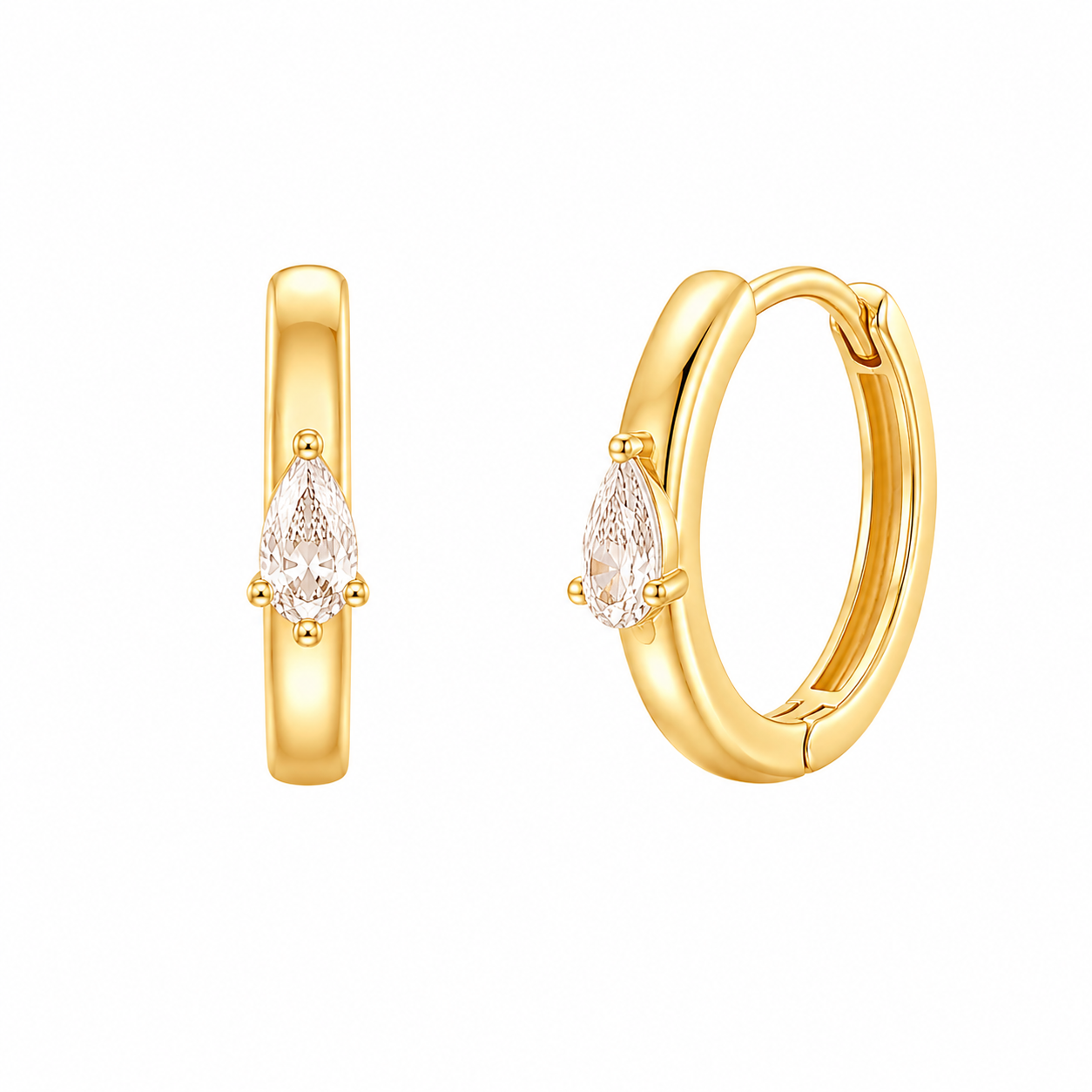 Gold huggie hoop earrings with a pear-cut crystal for women.