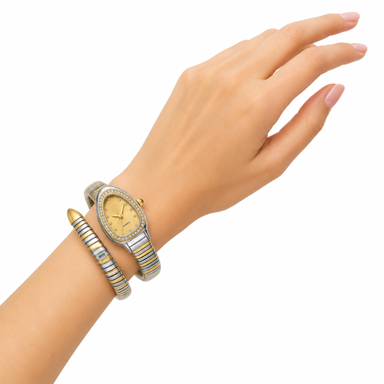 Dual Luxe Serpent Watch for Women with gold and silver two-tone wrap strap