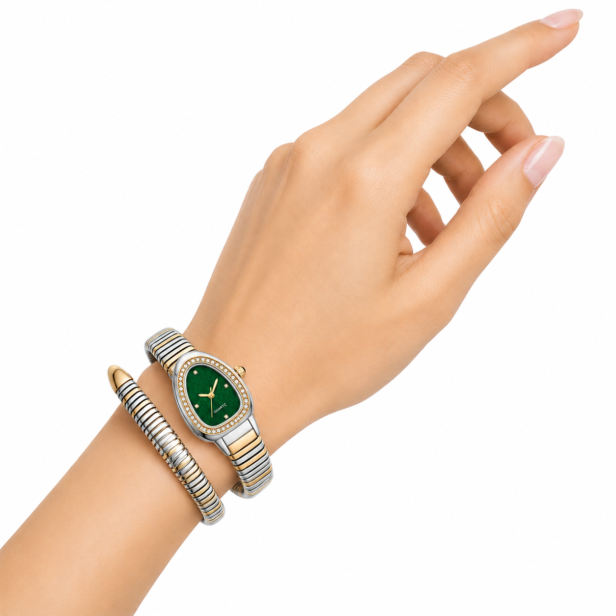 Dual Luxe Serpent Watch for Women with gold and silver two-tone wrap strap