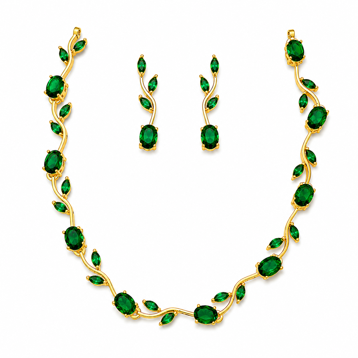 Emerald Tulip Vine Necklace Set with green stones and matching earrings