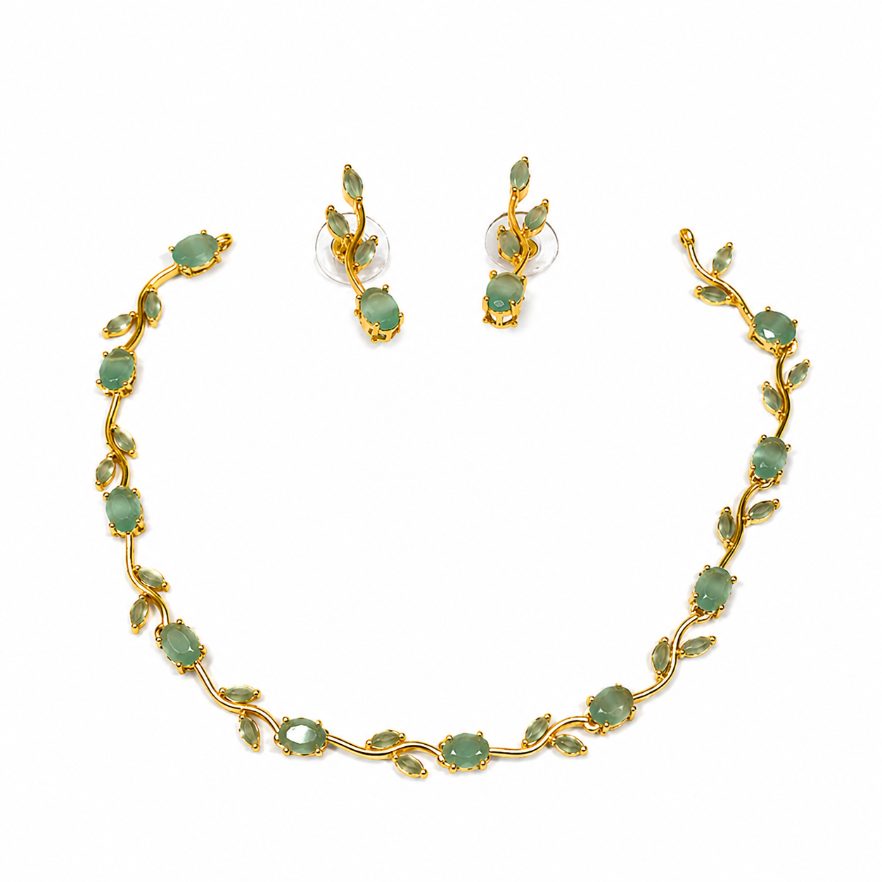 Emerald Tulip Vine Necklace Set with green stones and matching earrings