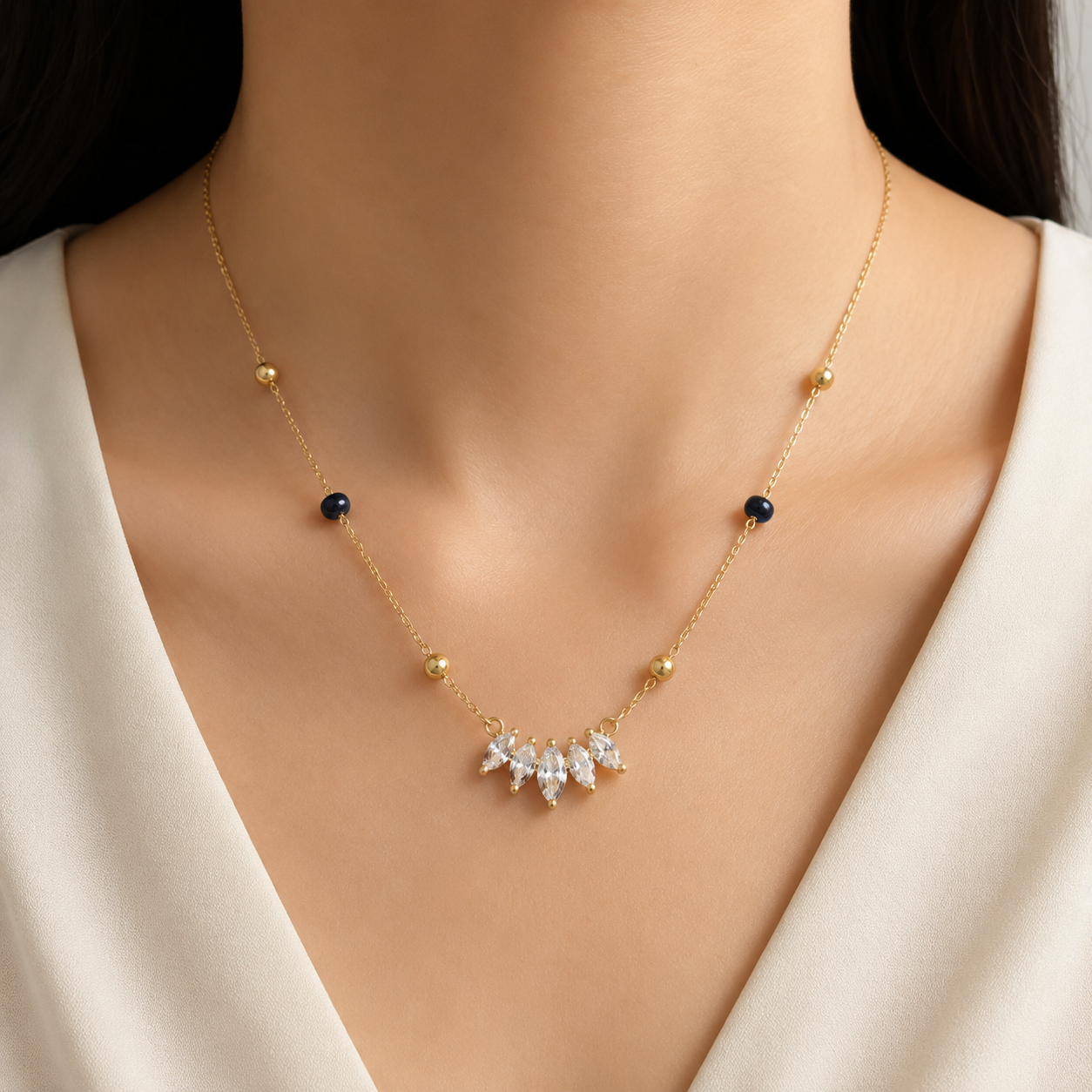 Celeste Leaf Drop black bead mangalsutra with sparkling pendant