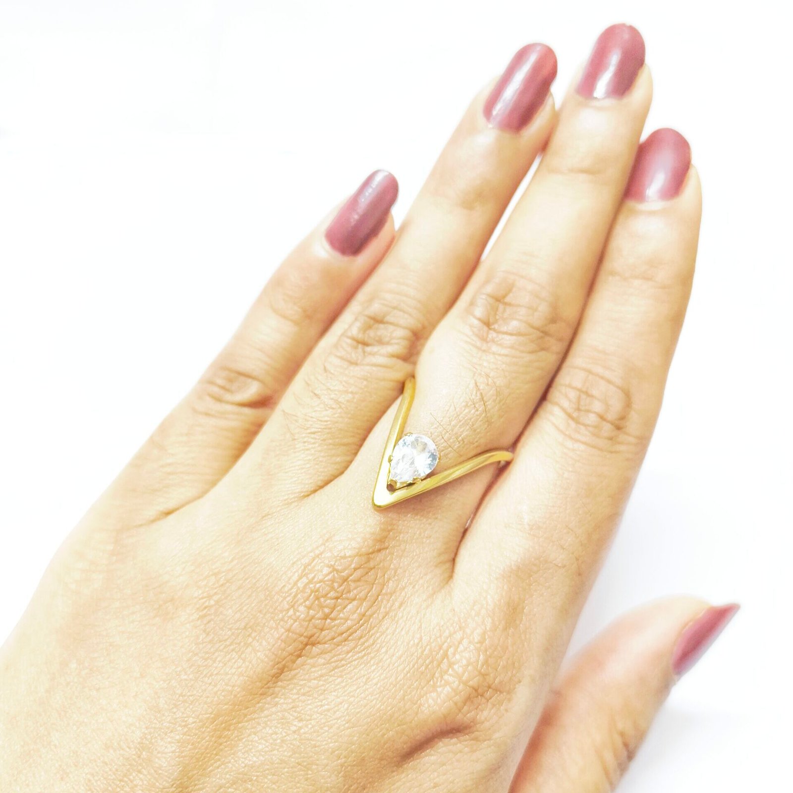 Golden V Solitaire Ring for Women with Pear-Cut Crystal