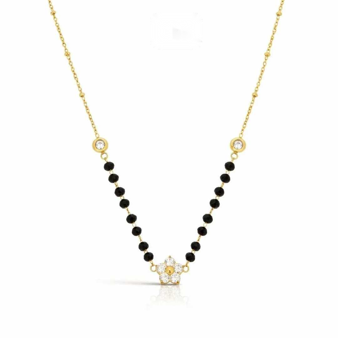 Golden Blossom Solitaire Mangalsutra with Black Beads and Floral Pendant