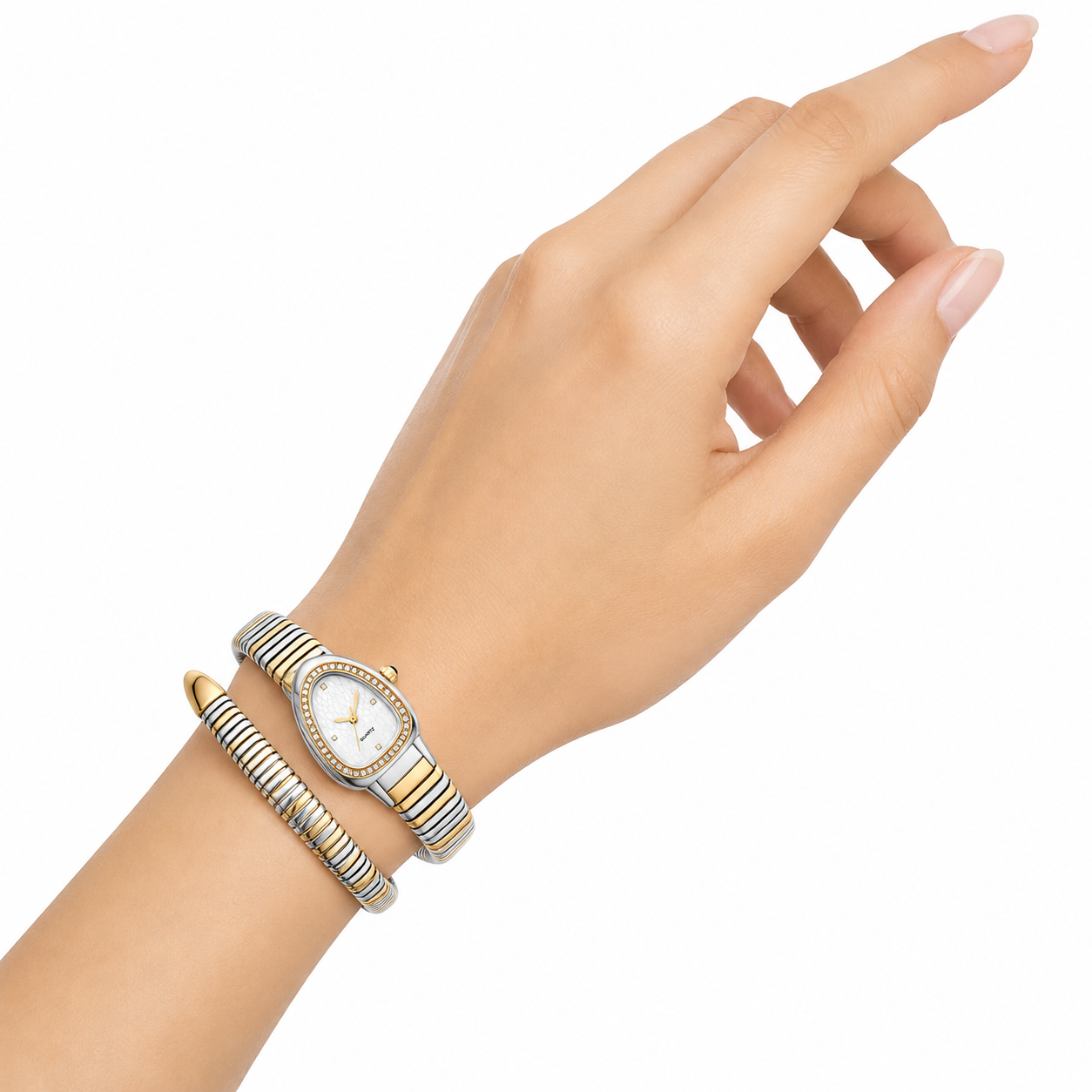 Dual Luxe Serpent Watch for Women with gold and silver two-tone wrap strap