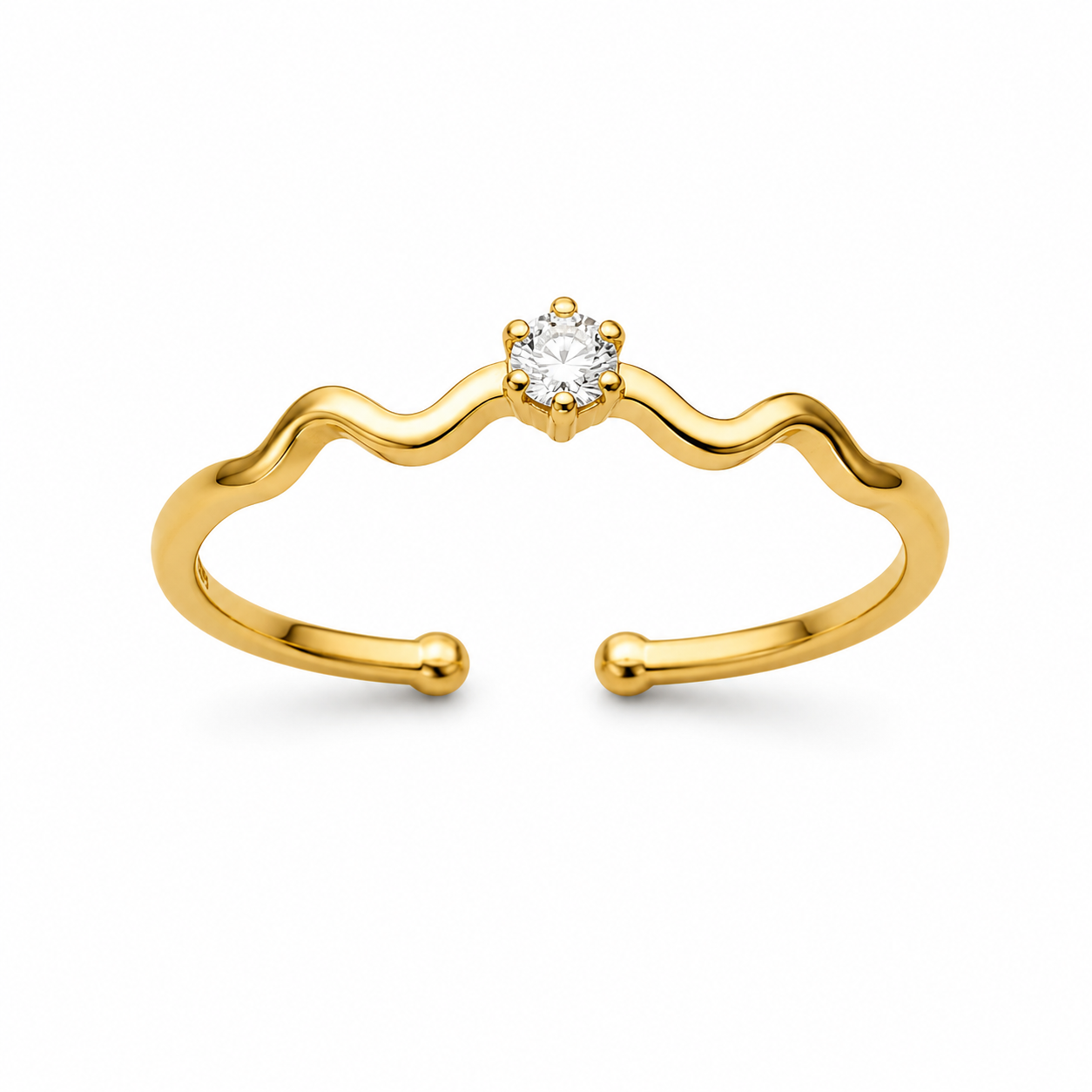 Golden Wave Solitaire Ring for Women with Round Crystal