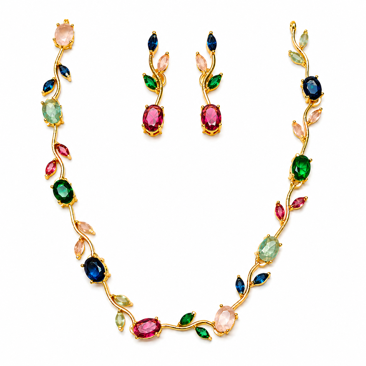 Emerald Tulip Vine Necklace Set with green stones and matching earrings