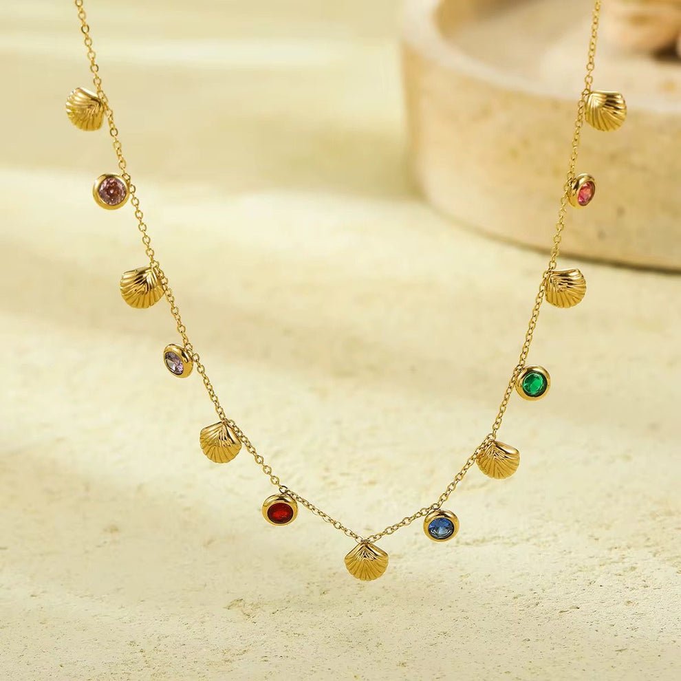 Golden Rainbow Shell Charm Necklace with multicolor stones for women