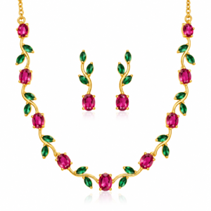 Emerald Tulip Vine Necklace Set with green stones and matching earrings