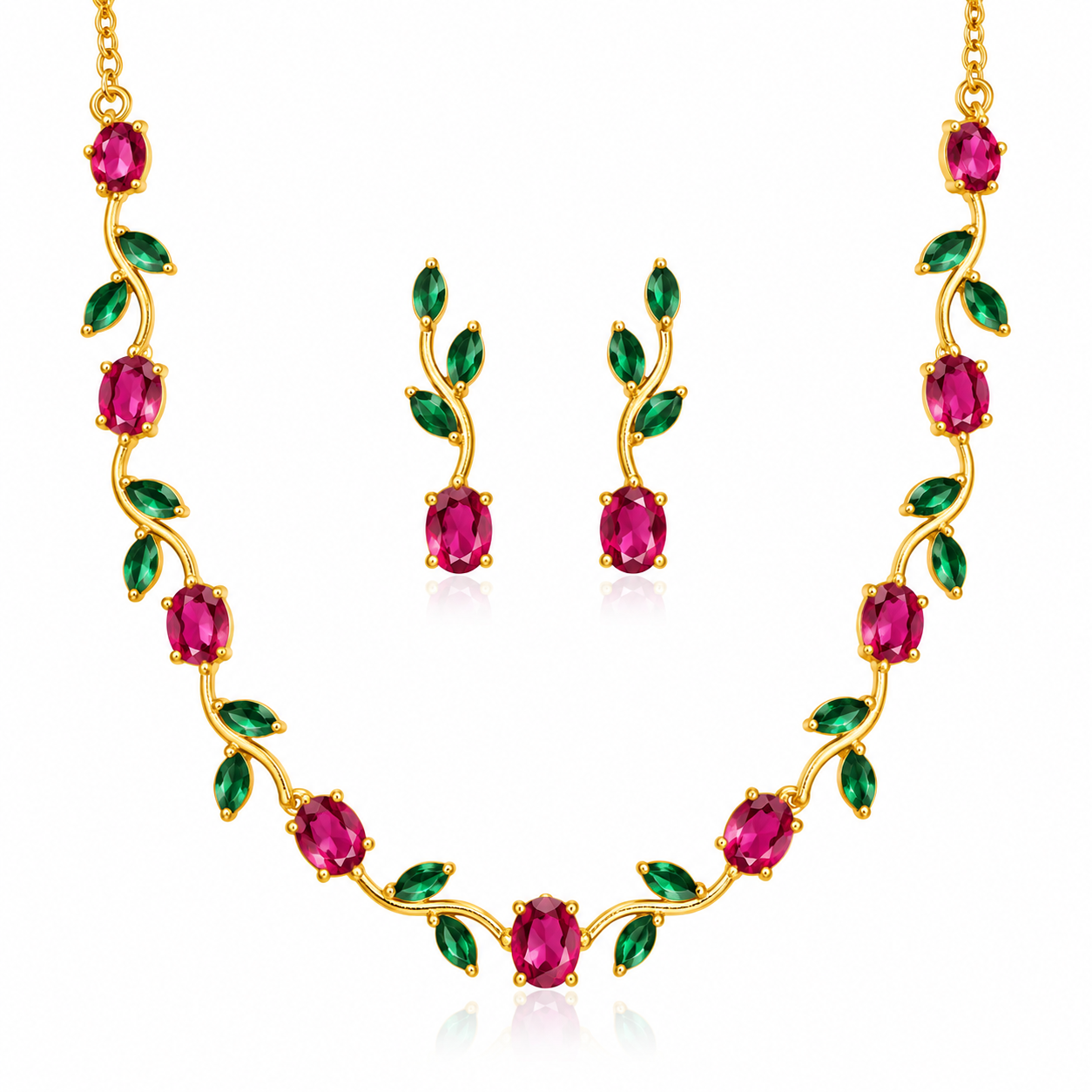 Emerald Tulip Vine Necklace Set with green stones and matching earrings