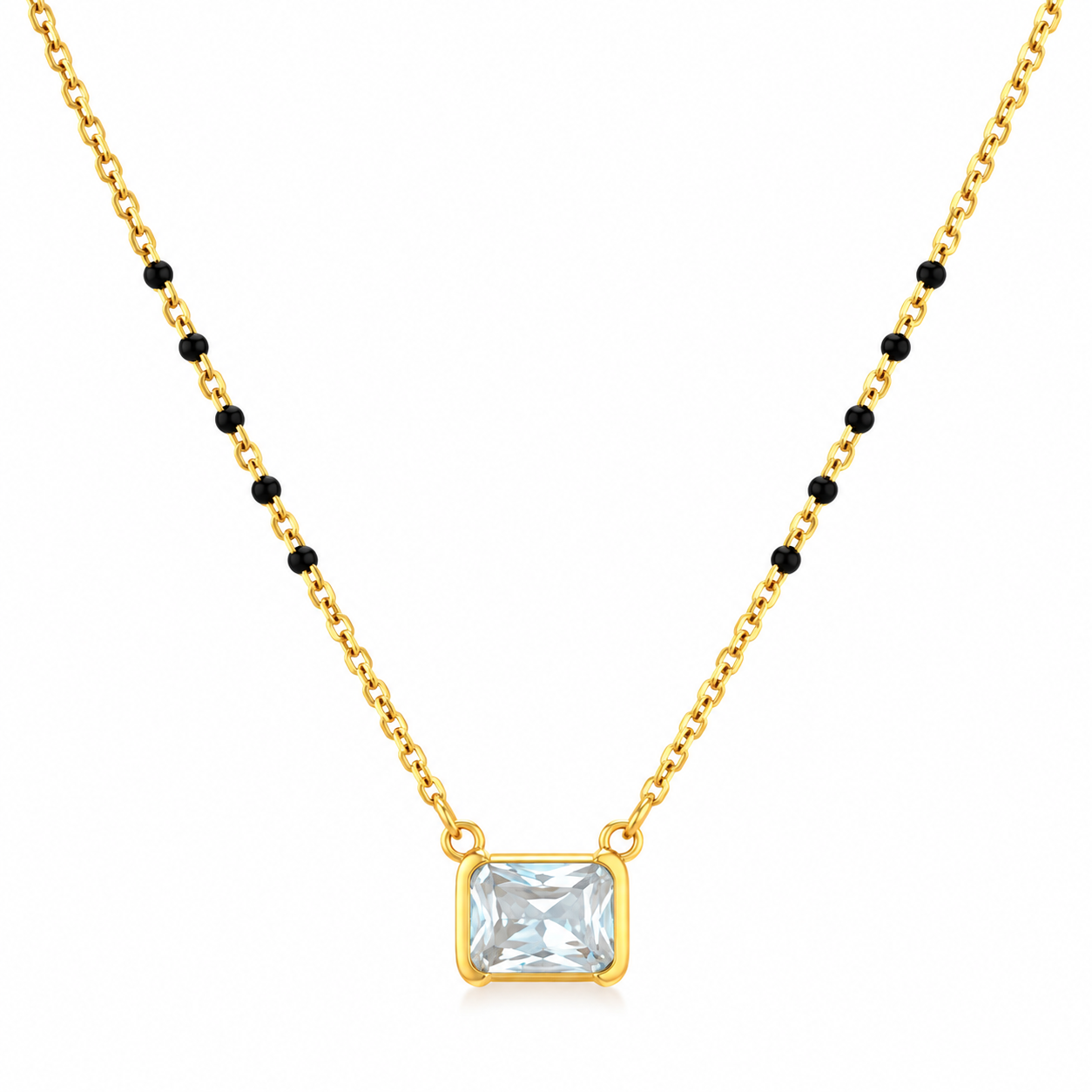 Golden Radiance Solitaire Mangalsutra with rectangular crystal pendant and black beads
