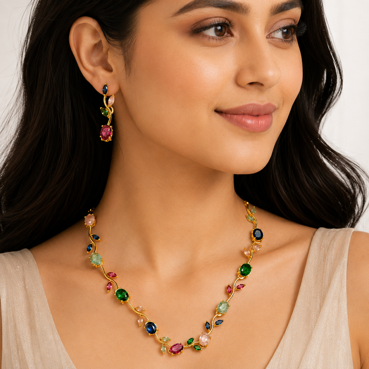Emerald Tulip Vine Necklace Set with green stones and matching earrings