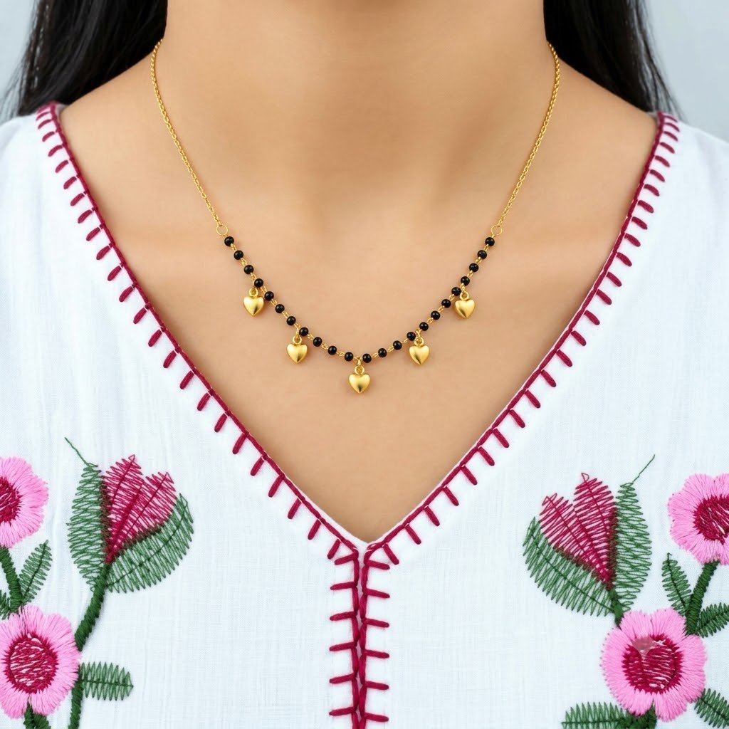 Golden Heart Charm Anti Tarnish Black Bead Necklace for Women