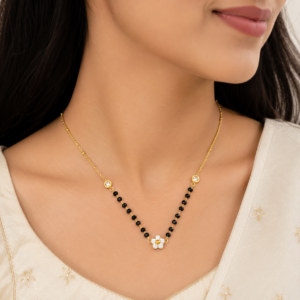Golden Blossom Solitaire Mangalsutra with Black Beads and Floral Pendant