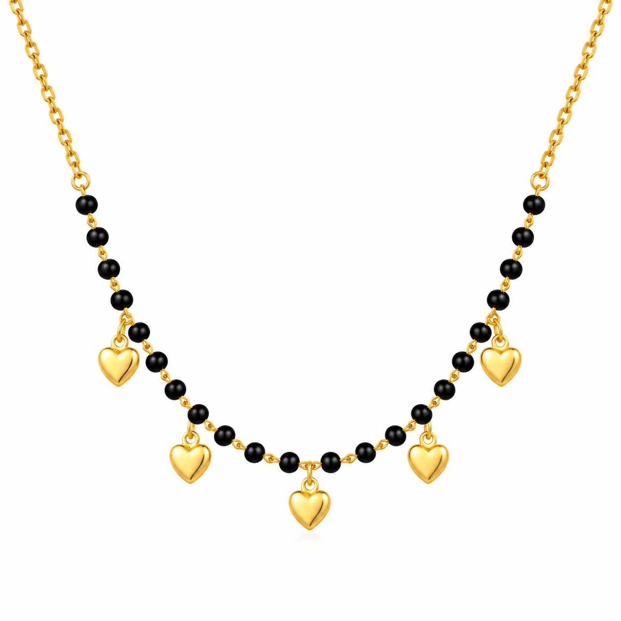 Golden Heart Charm Black Bead Necklace for Women