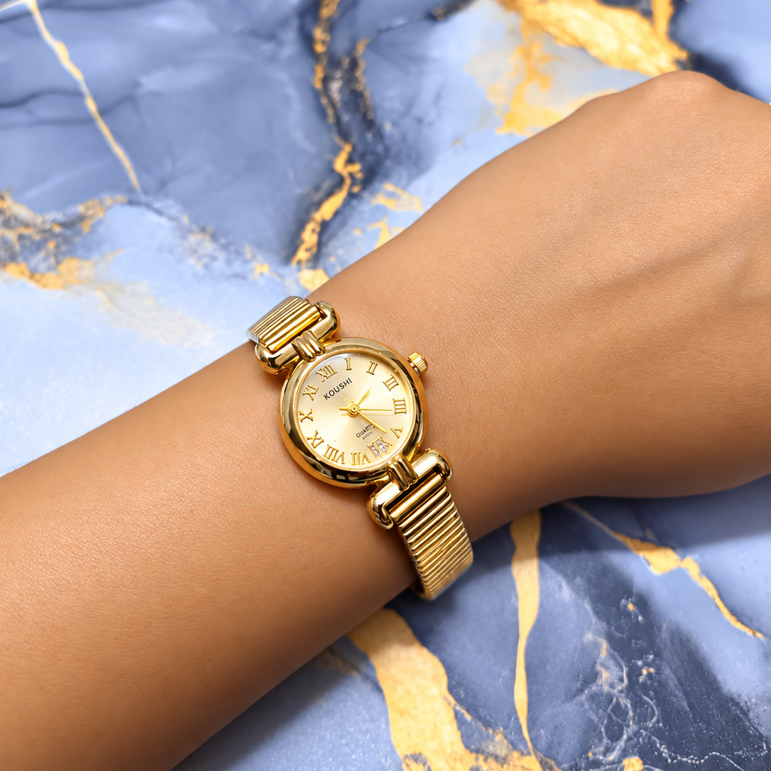 Golden Royale Classic Watch for Women with Round Roman Numeral Dial and Elegant Gold-Tone Bracelet Strap