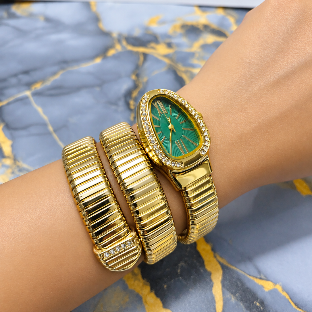 Emerald Luxe Serpent Watch with green dial, gold-tone wrap-around bracelet and crystal detailing for women