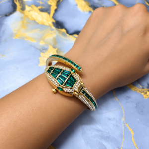 Emerald Serpent Luxe Watch for Women with Green Crystals, Sparkling White Stones and Gold-Tone Bracelet