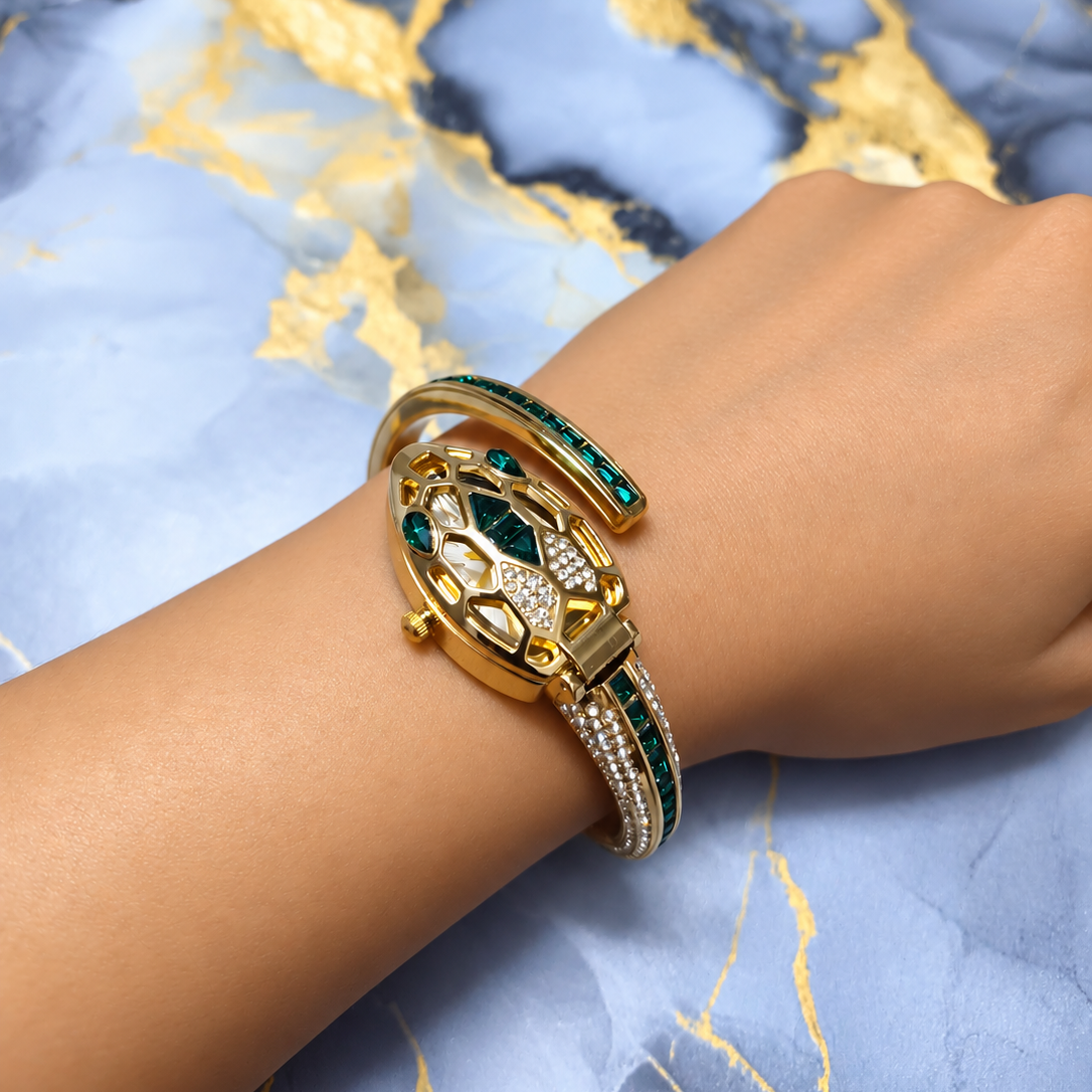 Emerald Serpent Royale Watch for Women with Green Stones, Gold-Tone Openwork Dial and Crystal Bracelet