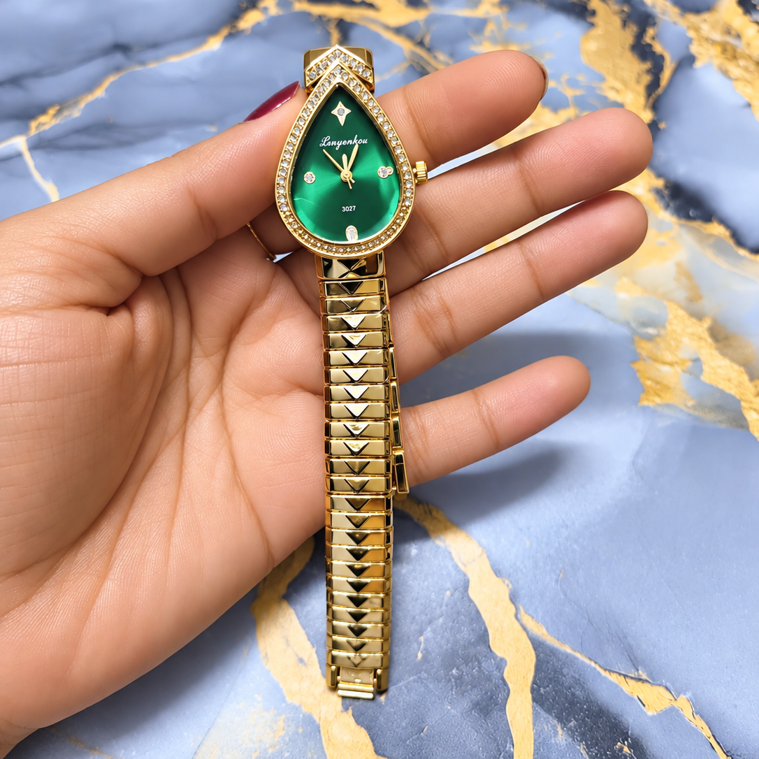 Emerald Grace Crystal Watch with green dial and gold-tone bracelet for women